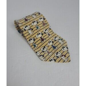 Peanuts Snoopy Vintage Silk Tie Mens Yellow Made In USA 80s  Cartoon